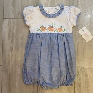 NWT Lulu Bebe Blue Gingham Puff Sleeve Pumpkin Embroidered Bubble Romper, 24M
